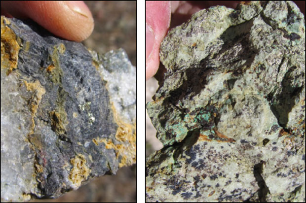 Left: Schist cut by black carbonate-pyrite-chalcopyrite veins. Right: Coarse-grained actinolite-tremolite locally with oxidized chalcopyrite.