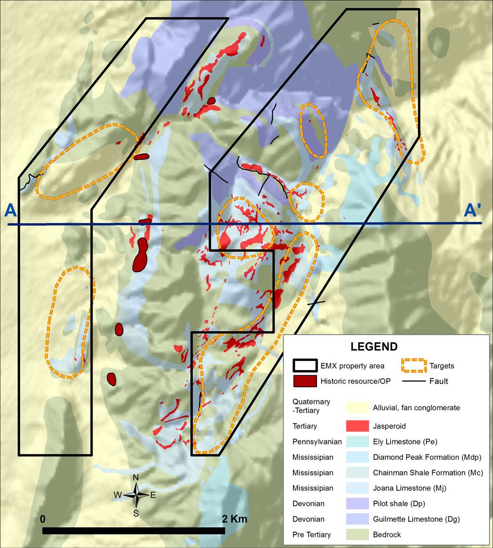 Geological map of Cathedral Well and target areas.
