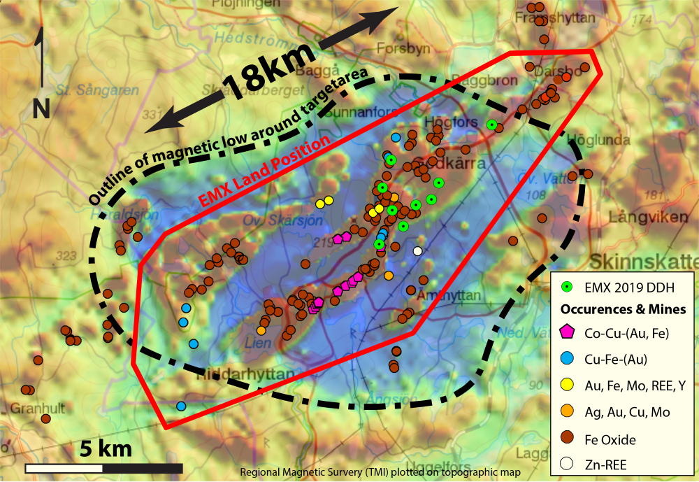 Regional total magnetic intensity map (project area in red). Broad areas of sodic-calcic alteration characterized by actinolite-albite, local scapolite (sample at left) signify metal leaching (note 10x15 km regional mag low on map). IOCG belts of mineralization and skarn deposits (mag highs) probably focused along structural feeder zones.