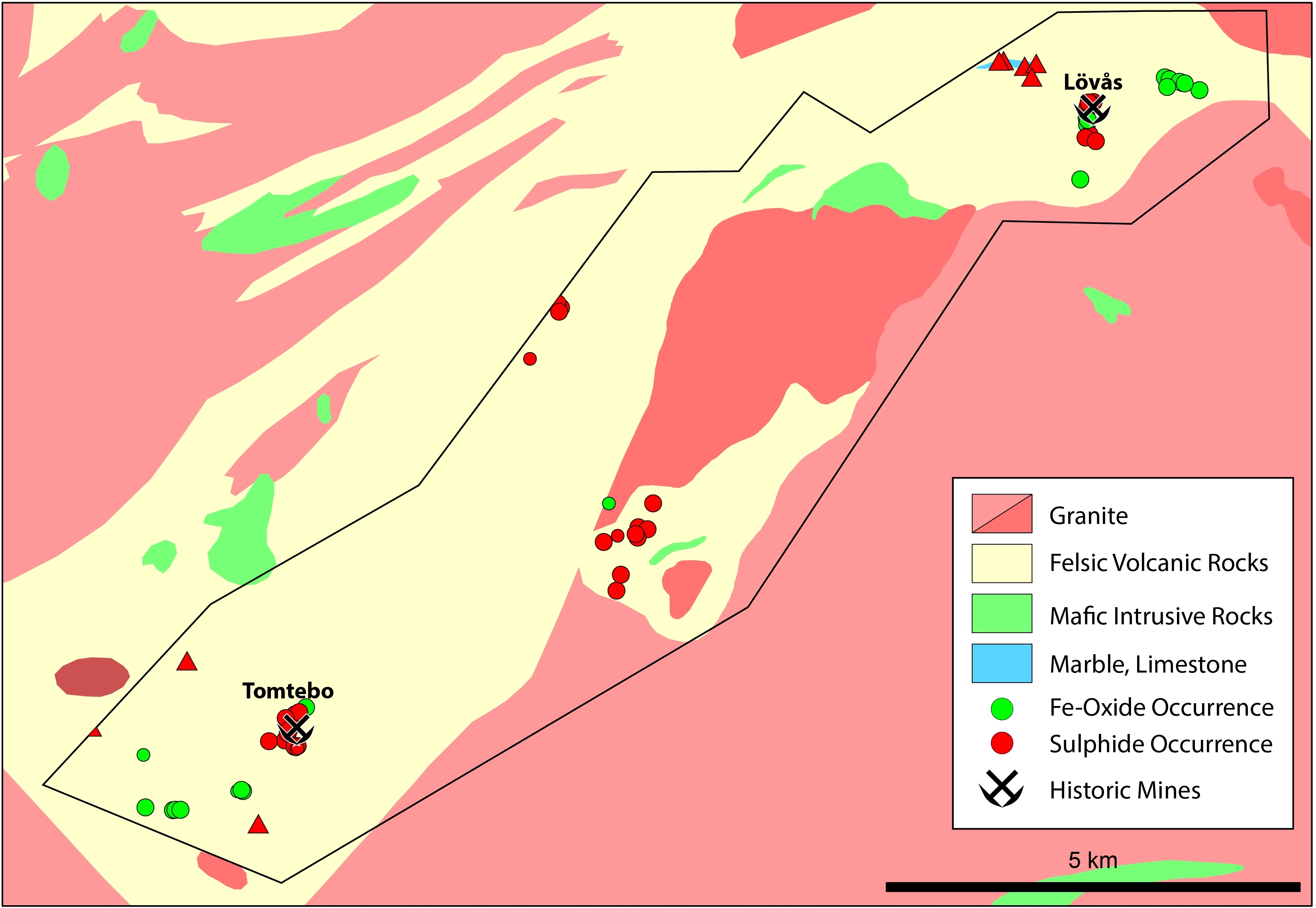 Geological map of Tomtebo. Nearby mineral occurrences and historic mines are also marked.