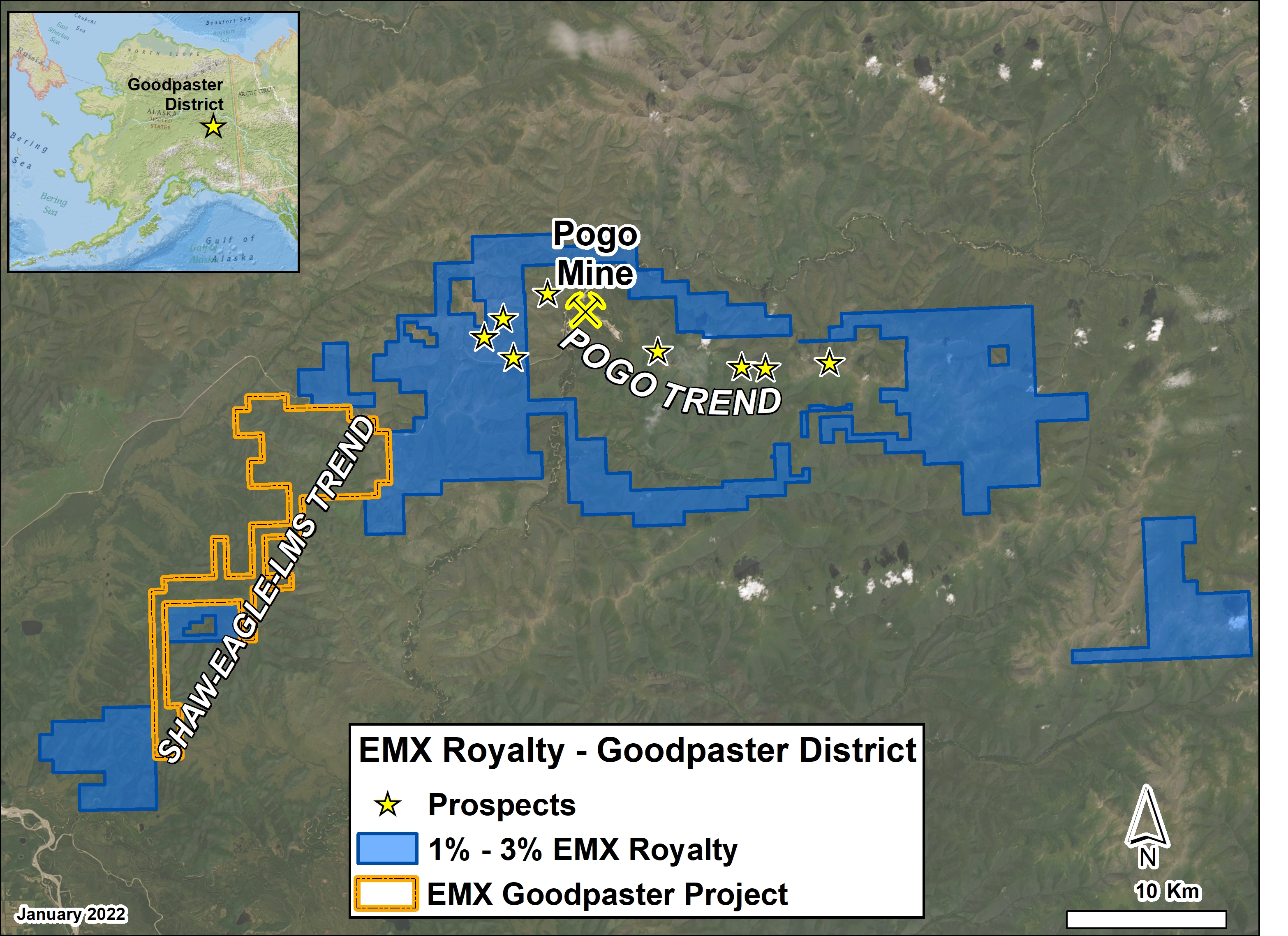Map of EMX Royalty in Goodpaster District.