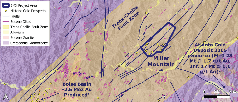 Geological map of Miller Mountain surrounding area and historic prospect spots.