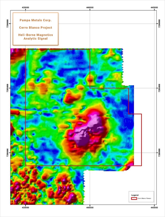 Cerro Blanco location map and geophysical magnetic survey map (Source: Pampa Metals website, December 2021)