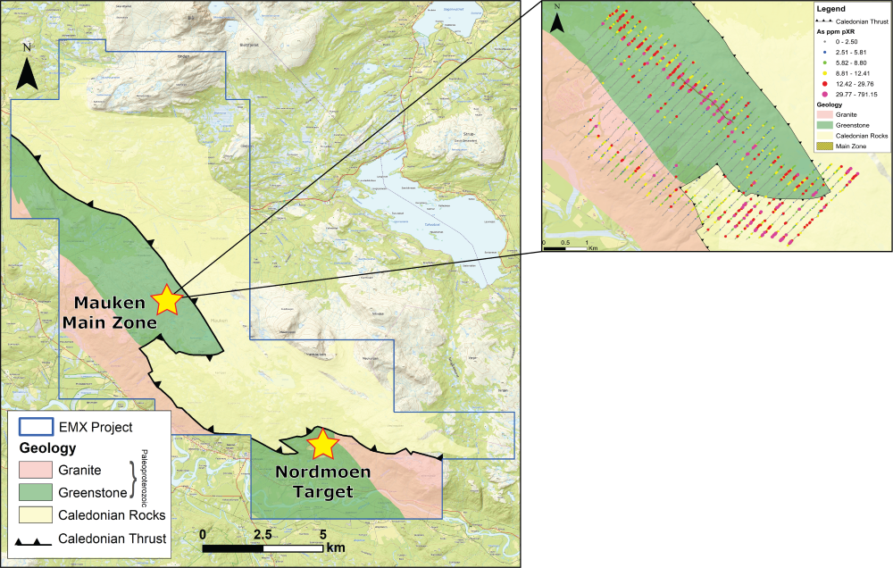 Mauken Project geology, targets, and arsenic soil survey - indicating a NW-SE extension of the Main Zone mineralization