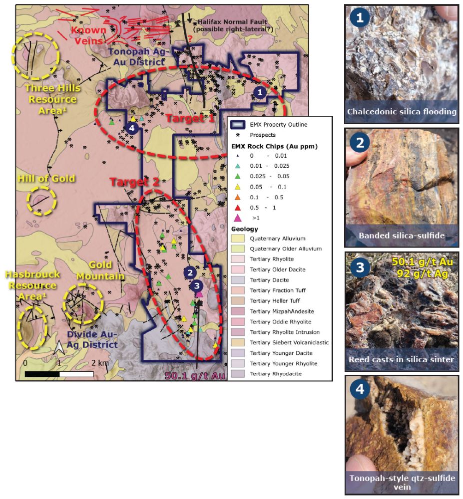 Geology, target areas, and Au values for the Tonopah Summit project