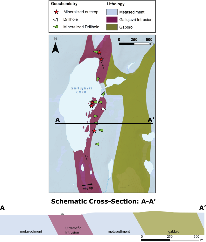 Geological map and cross section of the Gallujavri project